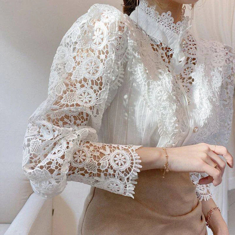 Blouse À Manches Longues Avec Col Montant Et Découpe Florale Pour Femme | Idéal Pour Usage Quotidien