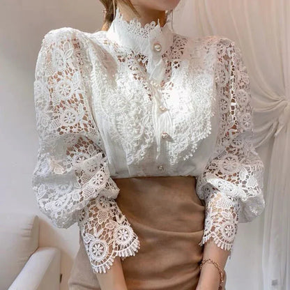 Blouse À Manches Longues Avec Col Montant Et Découpe Florale Pour Femme | Idéal Pour Usage Quotidien