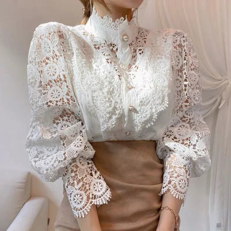 Blouse À Manches Longues Avec Col Montant Et Découpe Florale Pour Femme | Idéal Pour Usage Quotidien