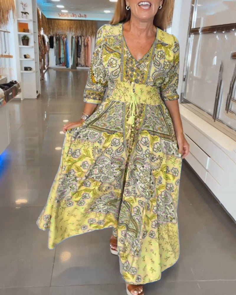 Robe Maxi À Motif Floral Avec Col En V Pour Femme | Idéale Pour L'Été Et Les Sorties Décontractées