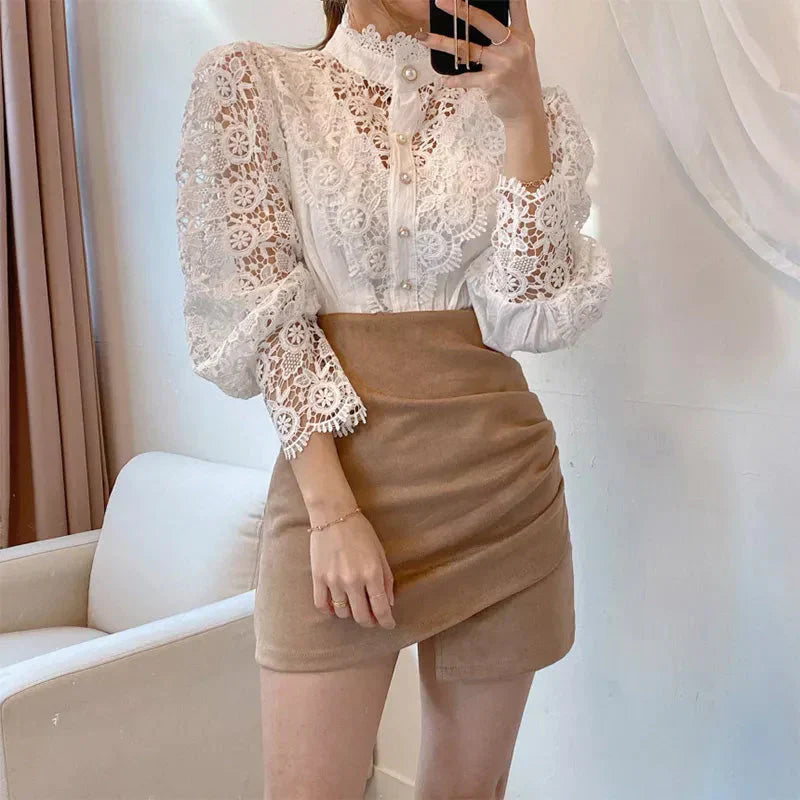 Blouse À Manches Longues Avec Col Montant Et Découpe Florale Pour Femme | Idéal Pour Usage Quotidien