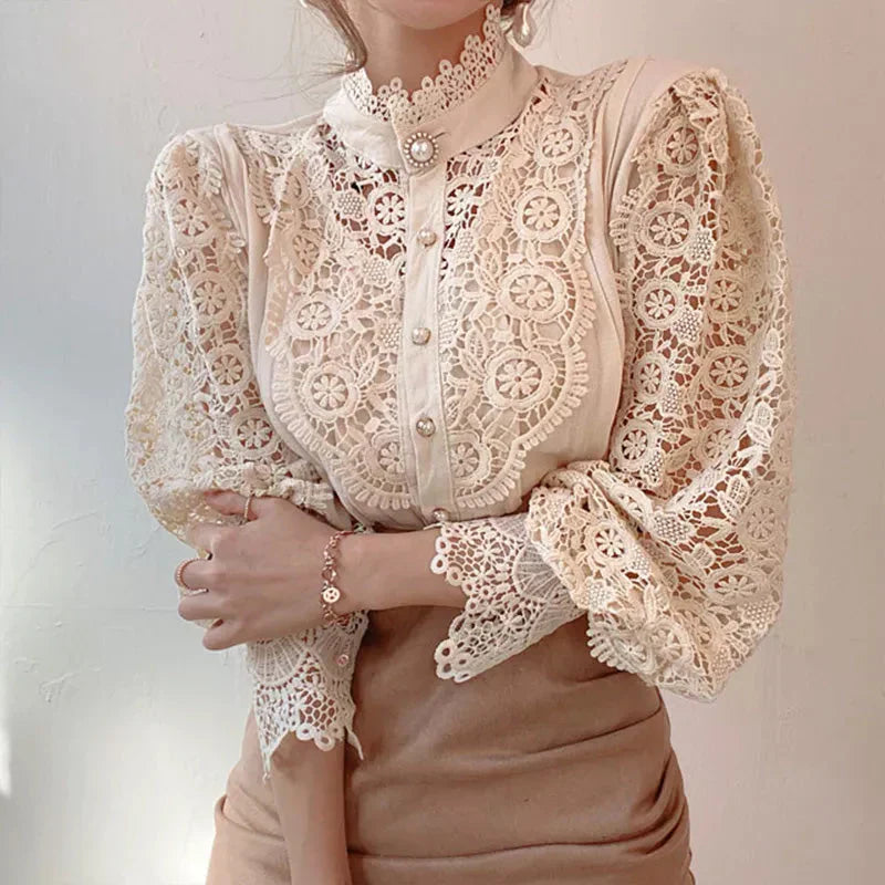 Blouse À Manches Longues Avec Col Montant Et Découpe Florale Pour Femme | Idéal Pour Usage Quotidien