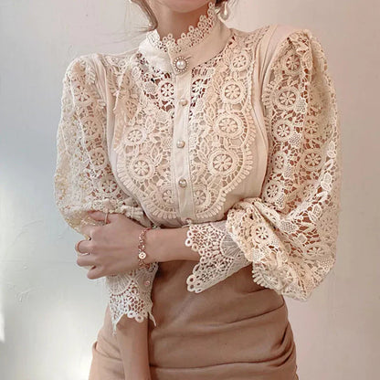 Blouse À Manches Longues Avec Col Montant Et Découpe Florale Pour Femme | Idéal Pour Usage Quotidien
