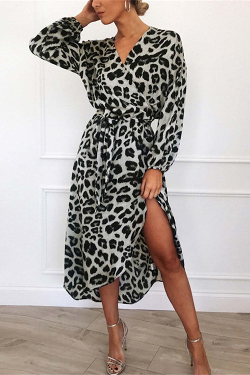 Robe Midi À Col En V Avec Ceinture Et Imprimé Léopard Pour Femme | Idéale Pour Des Occasions Courantes