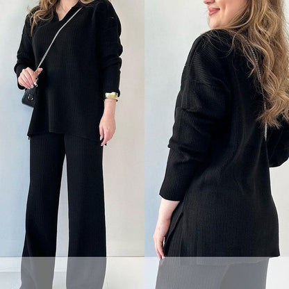Ensemble Lounge Avec Texture Côtelée Et Pantalon À Jambe Large Pour Femmes | Idéal Pour Un Usage Quotidien