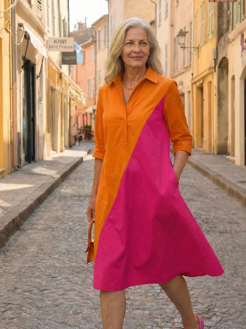 Robe midi bicolore à col chemise pour femmes