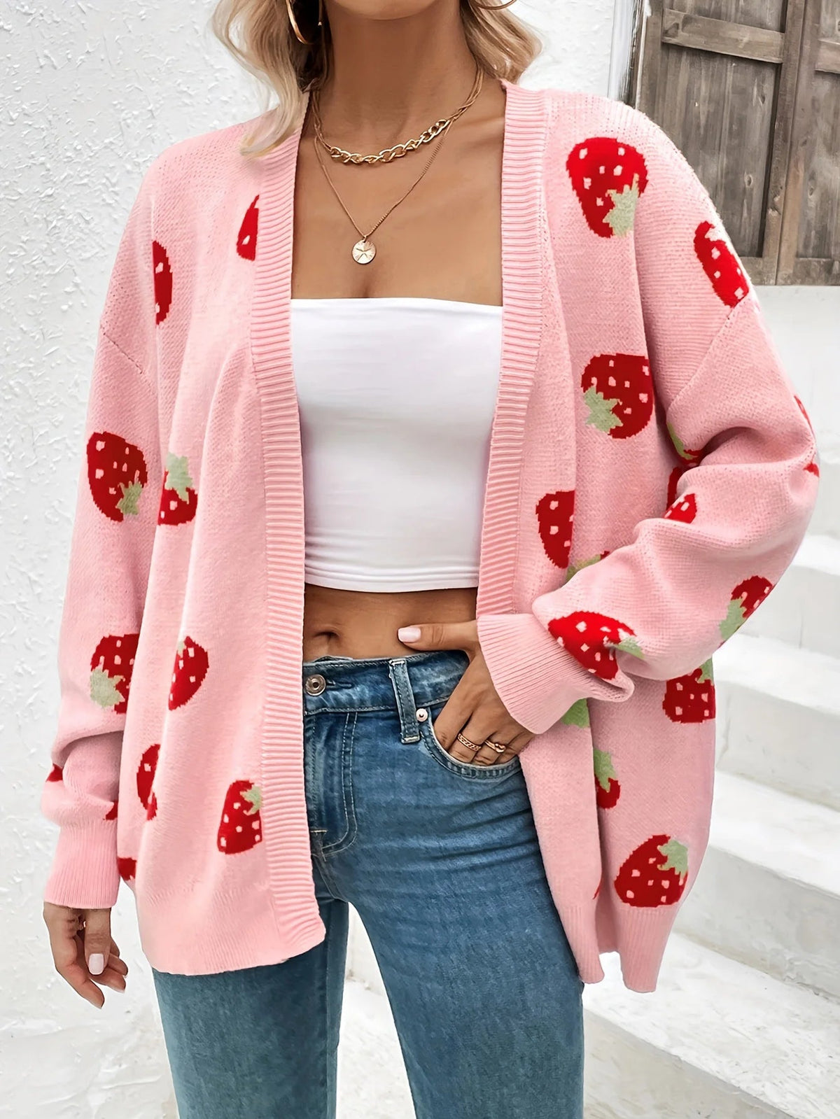 Cardigan motif fraises manches longues pour femmes