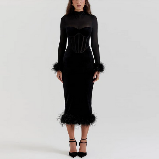 Robe Midi Avec Accents De Plumes Pour Femme | Idéale Pour Les Occasions Spéciales