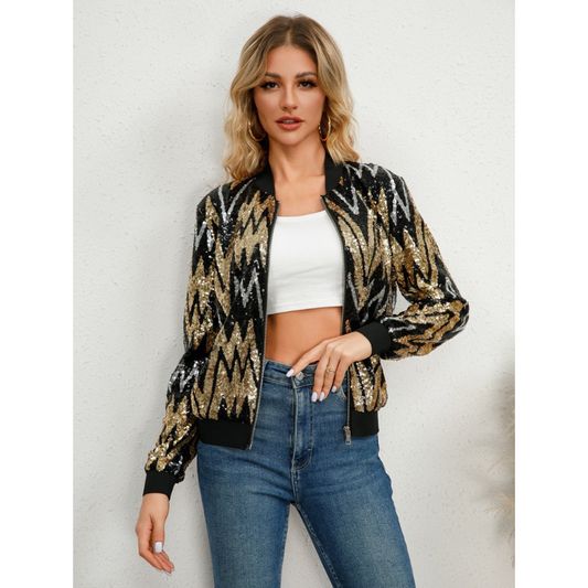 Veste Avec Fermeture Zippée Et Détails à Paillettes Pour Femmes | Idéal Pour Soirées Et Événements