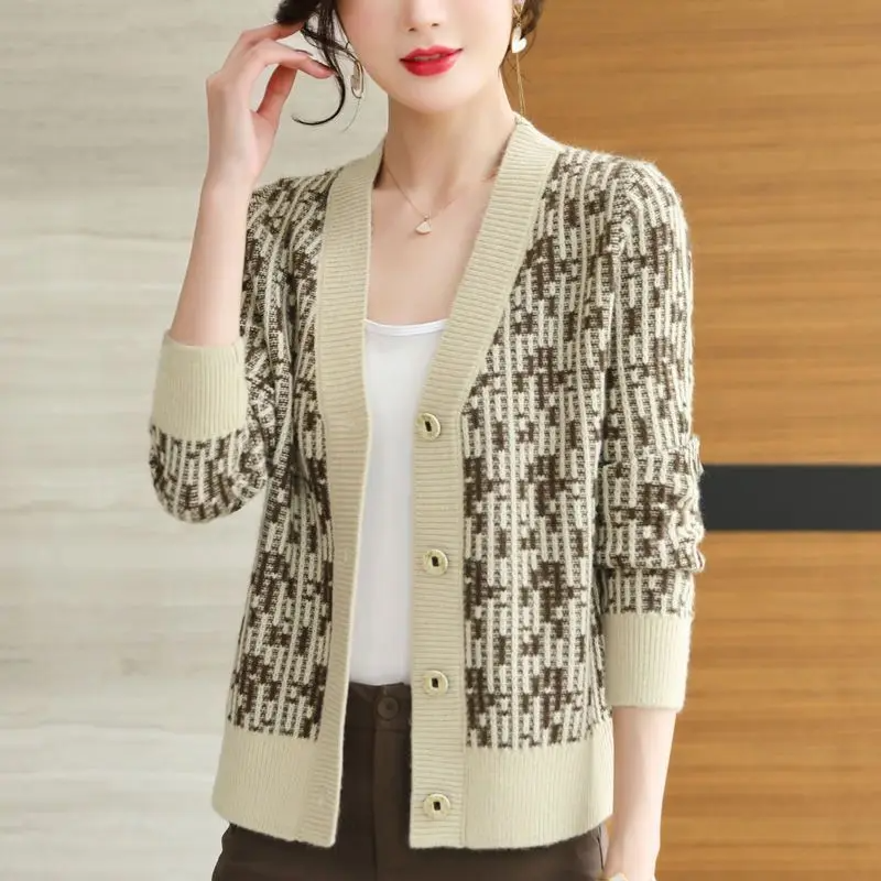 Cardigan col V motif bicolore pour femmes
