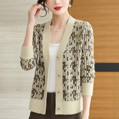 Cardigan col V motif bicolore pour femmes
