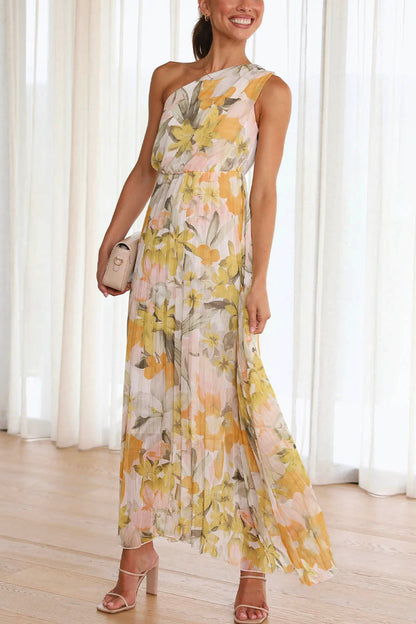 Robe Longue Asymétrique Plissée Avec Imprimé Floral Pour Femmes | Idéal Pour Cérémonies Et Événements D’été