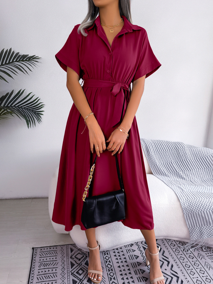 Robe Chemise Midi Avec Ceinture Nouée Et Manches Courtes Pour Femmes | Adaptée Aux Tenues Quotidiennes