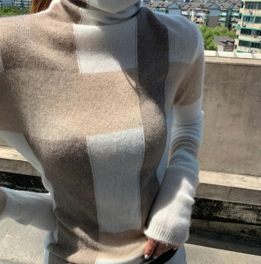 Pull à Manches Longues avec Motif à Carreaux et Col Roulé pour Femmes | Idéal pour l’Hiver et l’Automne