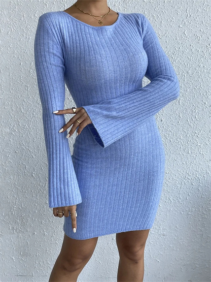 Robe en Maille Côtelée avec Manches Évasées pour Femme | Idéale pour Usage Quotidien et Mi-Saison