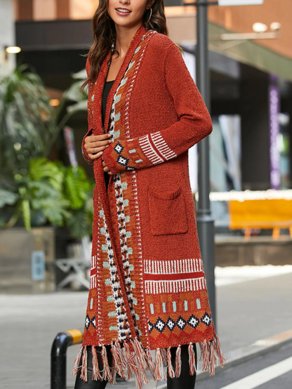 Cardigan long à motif géométrique et franges pour femme | Idéal pour l’automne et les occasions décontractées