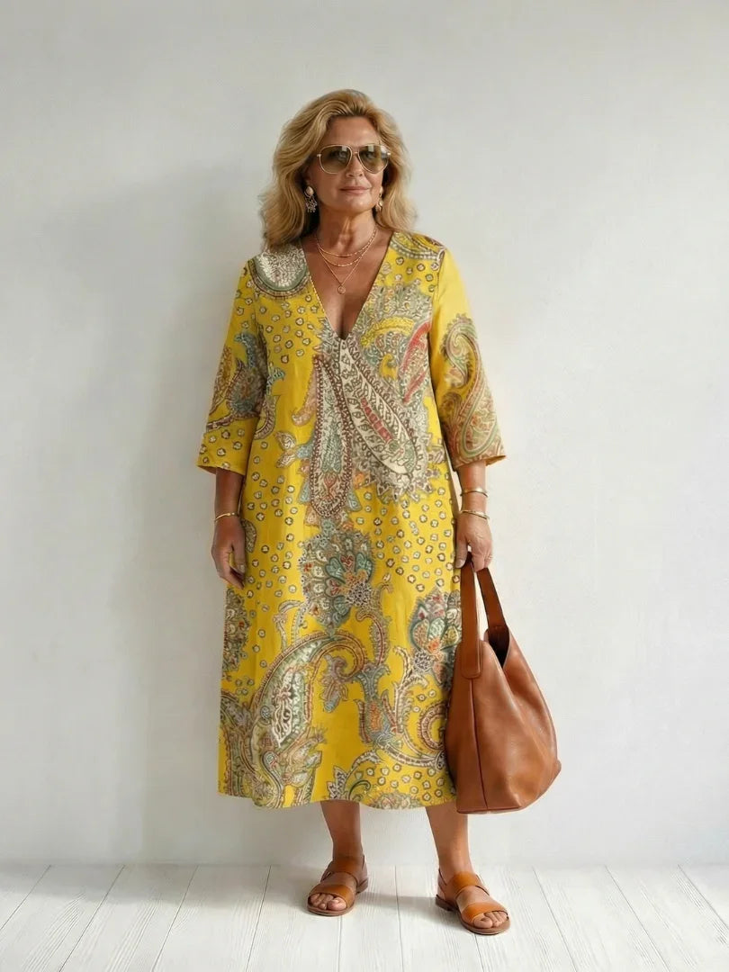 Robe midi à imprimé cachemire et col en V pour femmes | Idéal pour l’été et les vacances