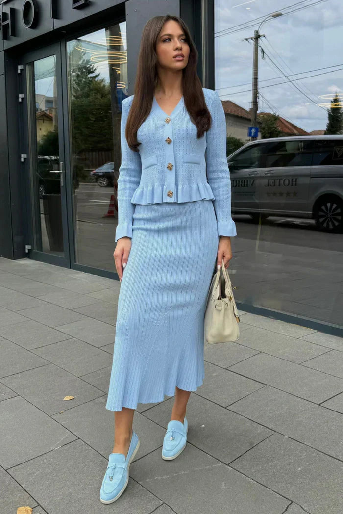 Ensemble Deux Pièces avec Cardigan à Col en V et Jupe Longue Évasée pour Femmes | Idéal pour Tenues de Travail ou Sorties