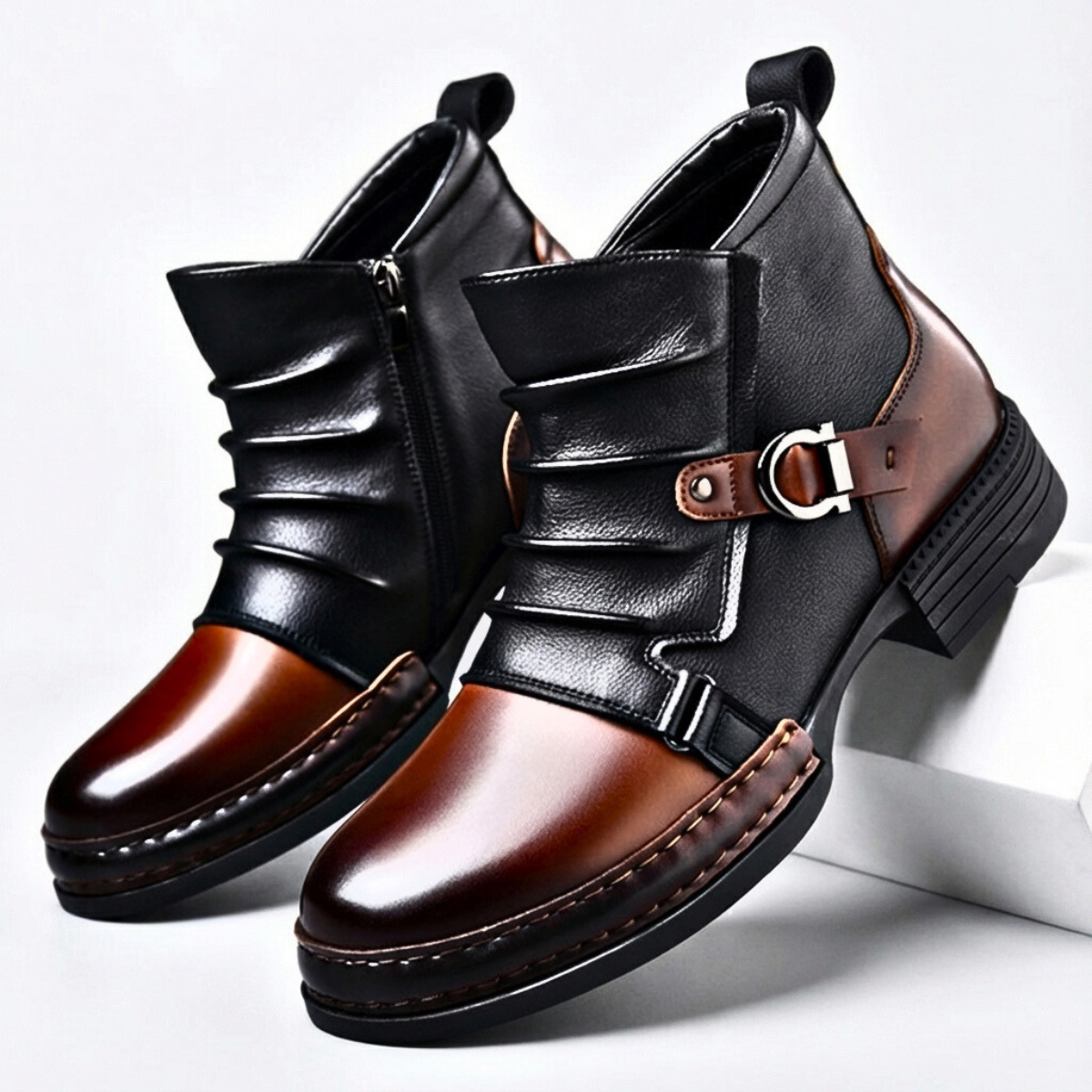 Boots Homme Bicolores À Tige Plissée Avec Boucles Métalliques | Idéales Pour L'automne Et L'hiver