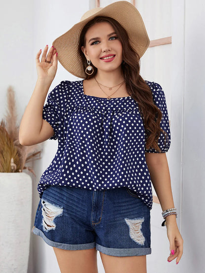 Top À Manches Courtes Avec Col Carré Et Motif À Pois Pour Femmes Grandes Tailles | Idéal Pour Usage Quotidien