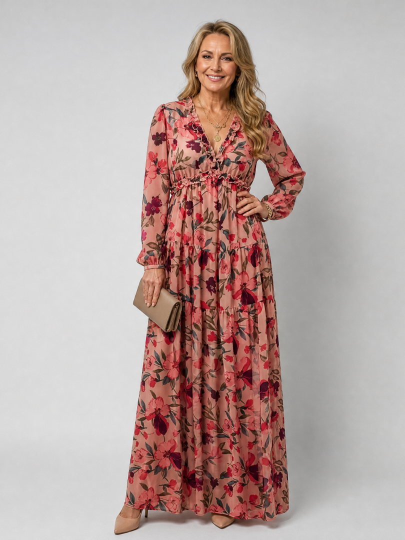 Robe longue imprimée à volants pour femmes