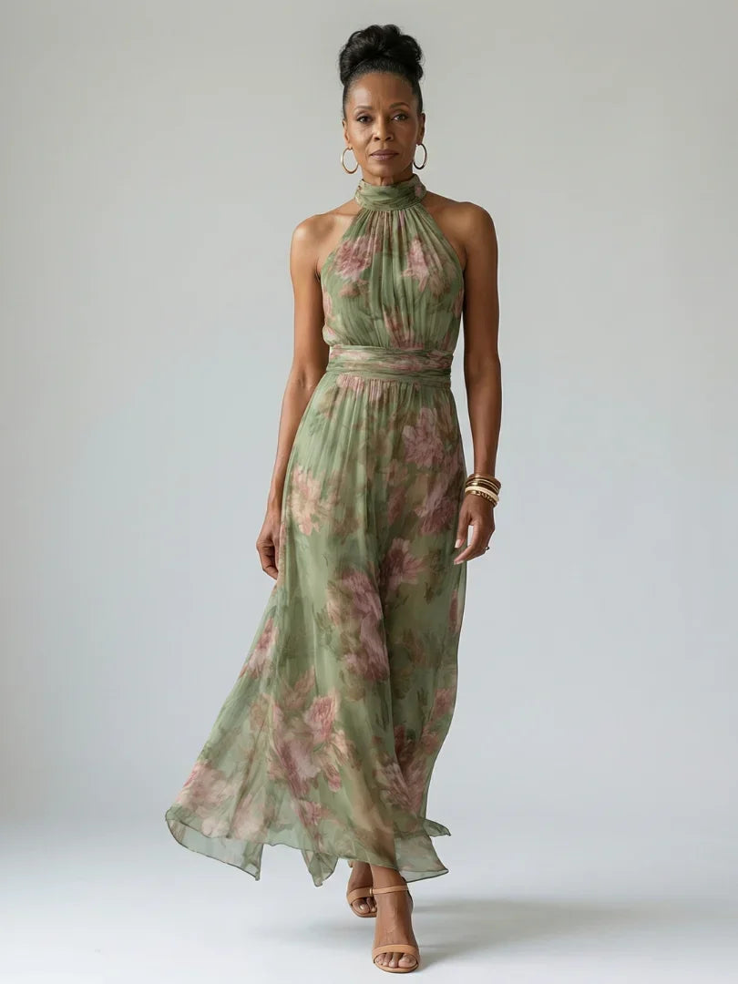 Robe Maxi Sans Manches À Col Montant Avec Imprimé Floral Pour Femme | Idéale Pour L'été