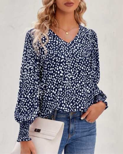 Blouse Imprimée À Col En V Avec Manches Bouffantes Pour Femme | Idéal Pour Le Quotidien Et Les Occasions