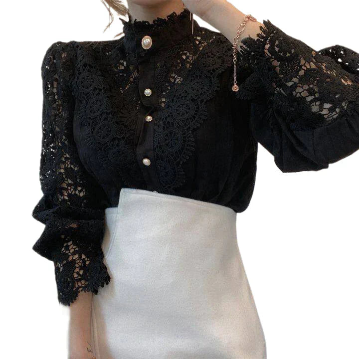 Blouse À Manches Longues Avec Col Montant Et Découpe Florale Pour Femme | Idéal Pour Usage Quotidien