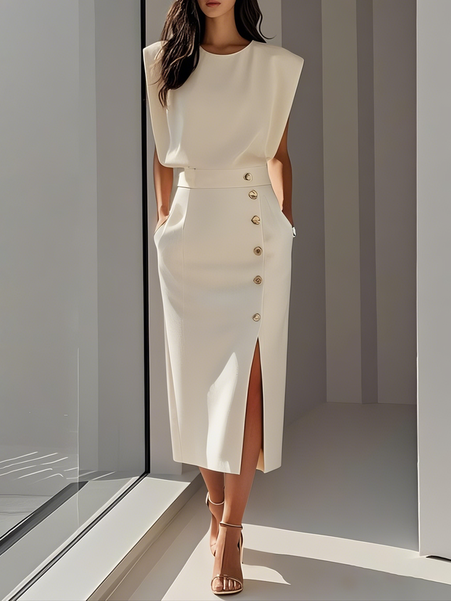 Robe Midi Sans Manches Avec Boutons Pour Femme | Idéale Pour Usage Quotidien Et Occasions