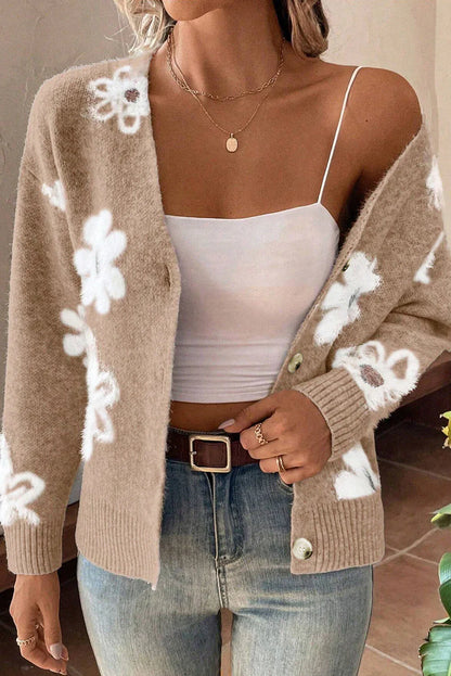 Cardigan à Motifs Floraux avec Col en V et Boutons pour Femmes | Idéal pour Tenues Décontractées