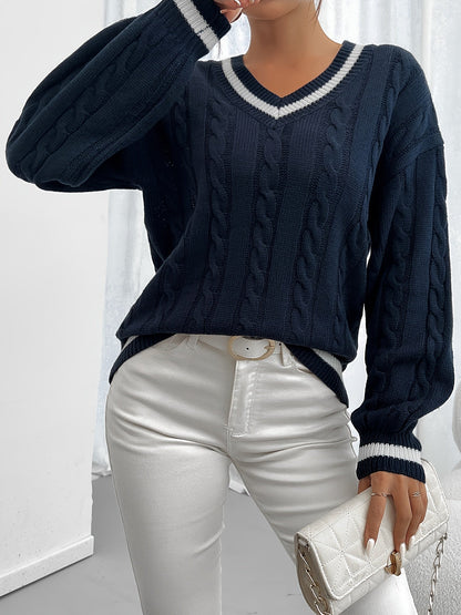 Pull à Manches Longues avec Motif Torsadé et Col V pour Femmes | Idéal pour l’Hiver et l’Automne