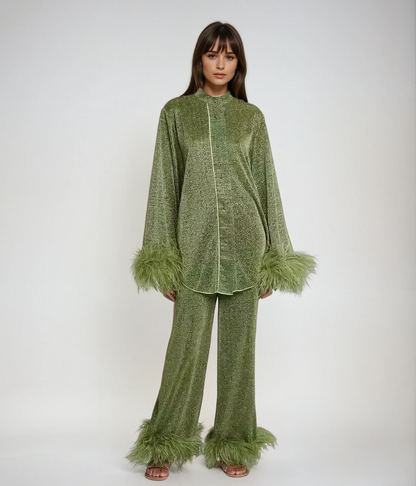 Ensemble De Détente 2 Pièces avec Bordure En Plumes pour Femme | Idéal pour La Maison Ou Les Moments De Repos