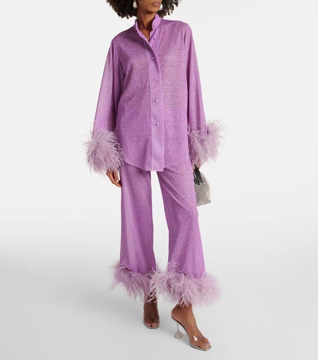 Ensemble De Détente 2 Pièces avec Bordure En Plumes pour Femme | Idéal pour La Maison Ou Les Moments De Repos