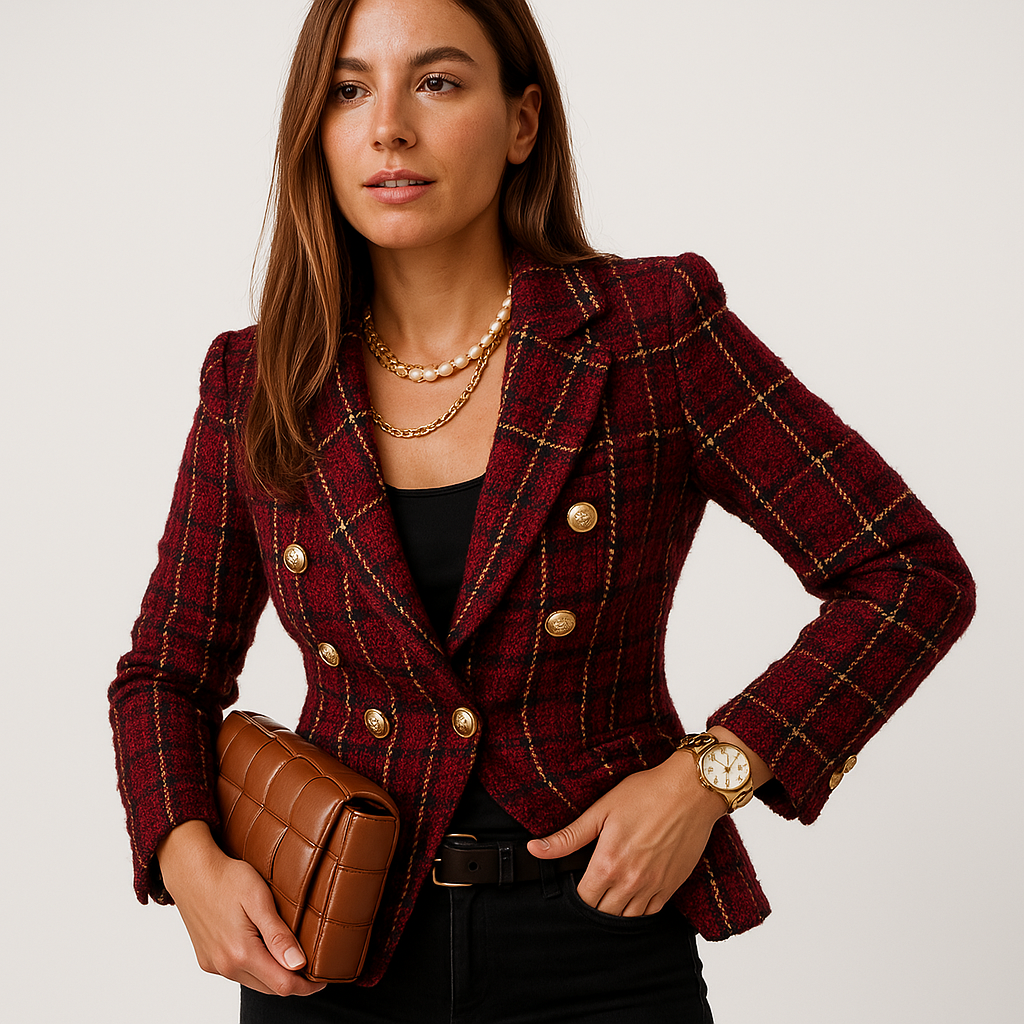 Blazer À Carreaux Camel Et Noir Avec Boutonnage Double Pour Femmes | Idéal Pour Le Travail Et Les Tenues Quotidiennes