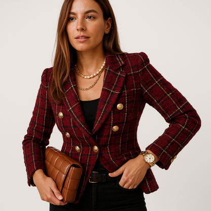 Blazer À Carreaux Camel Et Noir Avec Boutonnage Double Pour Femmes | Idéal Pour Le Travail Et Les Tenues Quotidiennes