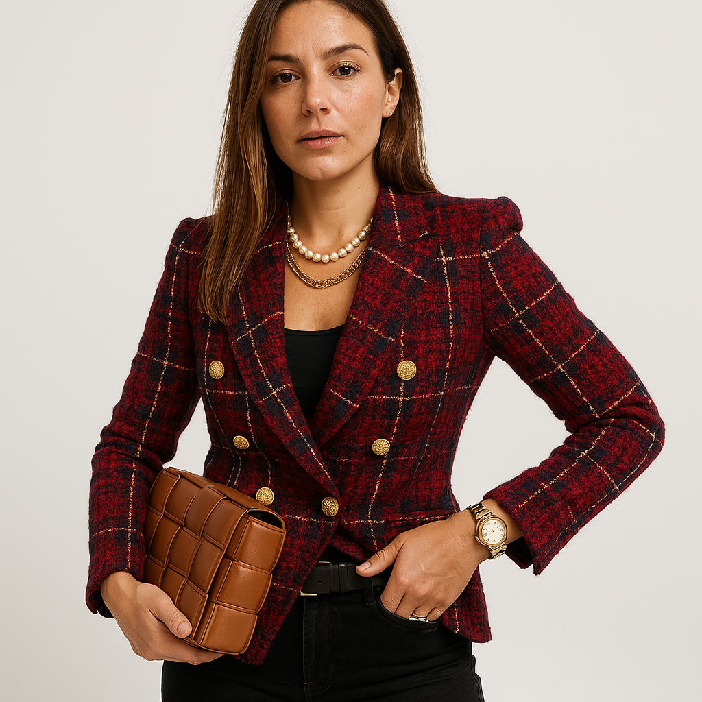 Blazer À Carreaux Camel Et Noir Avec Boutonnage Double Pour Femmes | Idéal Pour Le Travail Et Les Tenues Quotidiennes