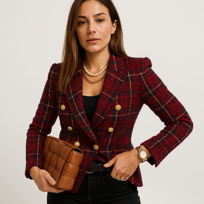 Blazer À Carreaux Camel Et Noir Avec Boutonnage Double Pour Femmes | Idéal Pour Le Travail Et Les Tenues Quotidiennes