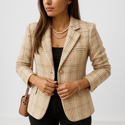 Blazer À Carreaux Camel Et Noir Avec Boutonnage Double Pour Femmes | Idéal Pour Le Travail Et Les Tenues Quotidiennes