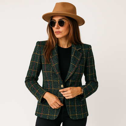 Blazer À Carreaux Camel Et Noir Avec Boutonnage Double Pour Femmes | Idéal Pour Le Travail Et Les Tenues Quotidiennes