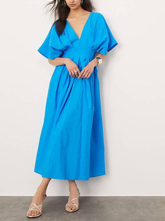 Robe Midi Avec Manches Bouffantes Et Plis Pour Femme | Idéale Pour Les Événements En Journée Et En Soirée