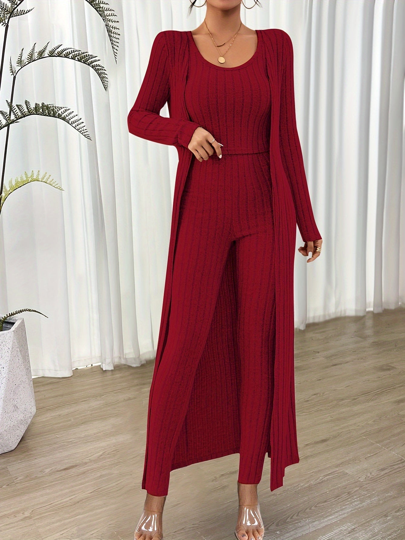 Ensemble Loungewear Trois Pièces avec Cardigan Long pour Femmes | Idéal pour la Maison