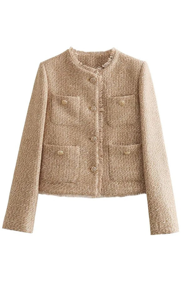 Veste Boutonnée à Col Rond avec Finitions Effilochées pour Femme | Idéale pour la Mi-Saison ou les Sorties Décontractées
