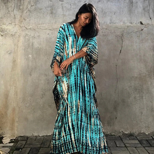 Caftan Long Bleu avec Motif Batik pour Femme | Idéal pour l’Été