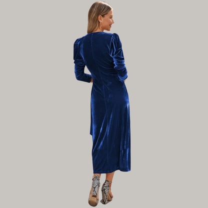 Robe Midi Portefeuille avec Manches Longues Bouffantes pour Femme | Idéale pour Soirées et Réceptions