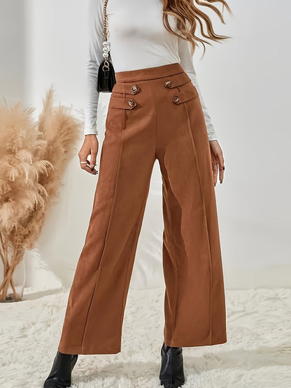 Pantalon Taille Haute à Jambe Large avec Boutons Décoratifs pour Femme | Idéal pour le Printemps et l’Automne