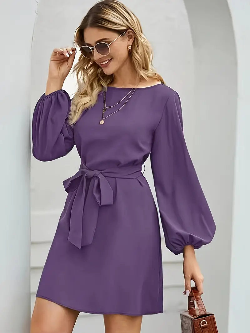 Robe Ceinturée À Manches Lanternes Avec Jupe Évasée Pour Femme | Idéale Pour Un Usage Quotidien