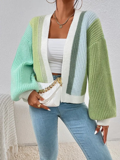 Cardigan à panneaux de couleurs contrastées et manches bouffantes pour femme | Idéal pour l’automne et les occasions décontractées