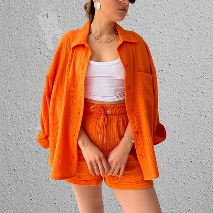 Ensemble Deux Pièces avec Chemise à Manches Longues et Short pour Femme | Idéal pour les Journées Décontractées