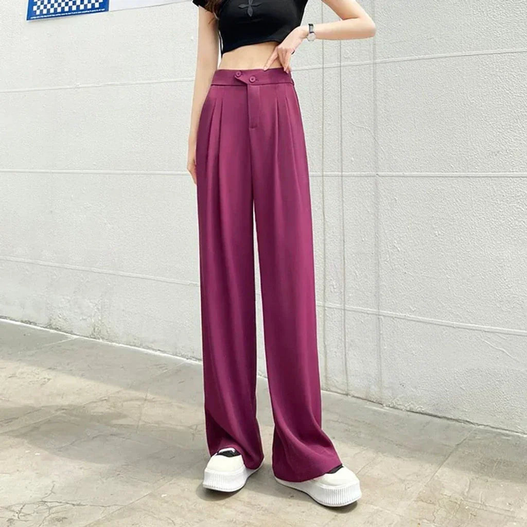 Pantalon Large Fluide Couleur Prune Avec Taille Haute Pour Femme | Idéal Pour Usage Quotidien Et Occasions