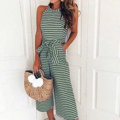 Combinaison Dos Nu À Rayures Avec Ceinture Ajustable Pour Femme | Idéale Pour Diverses Occasions